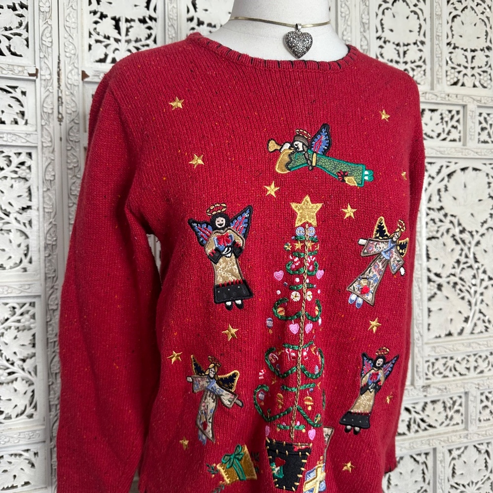 Vtg Victoria Jones Holiday Angel Cherub Christmas Tree Gifts Sweater Sz Petite S View 3